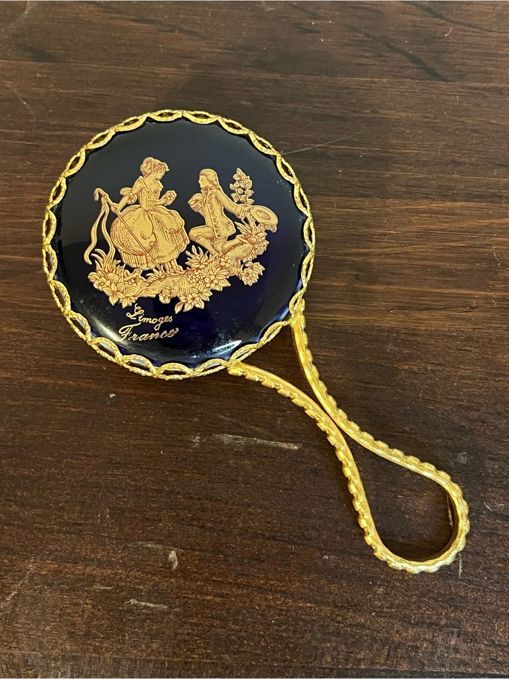 Vintage Limoges France mini hand mirror courting couple porcelain 4.5"